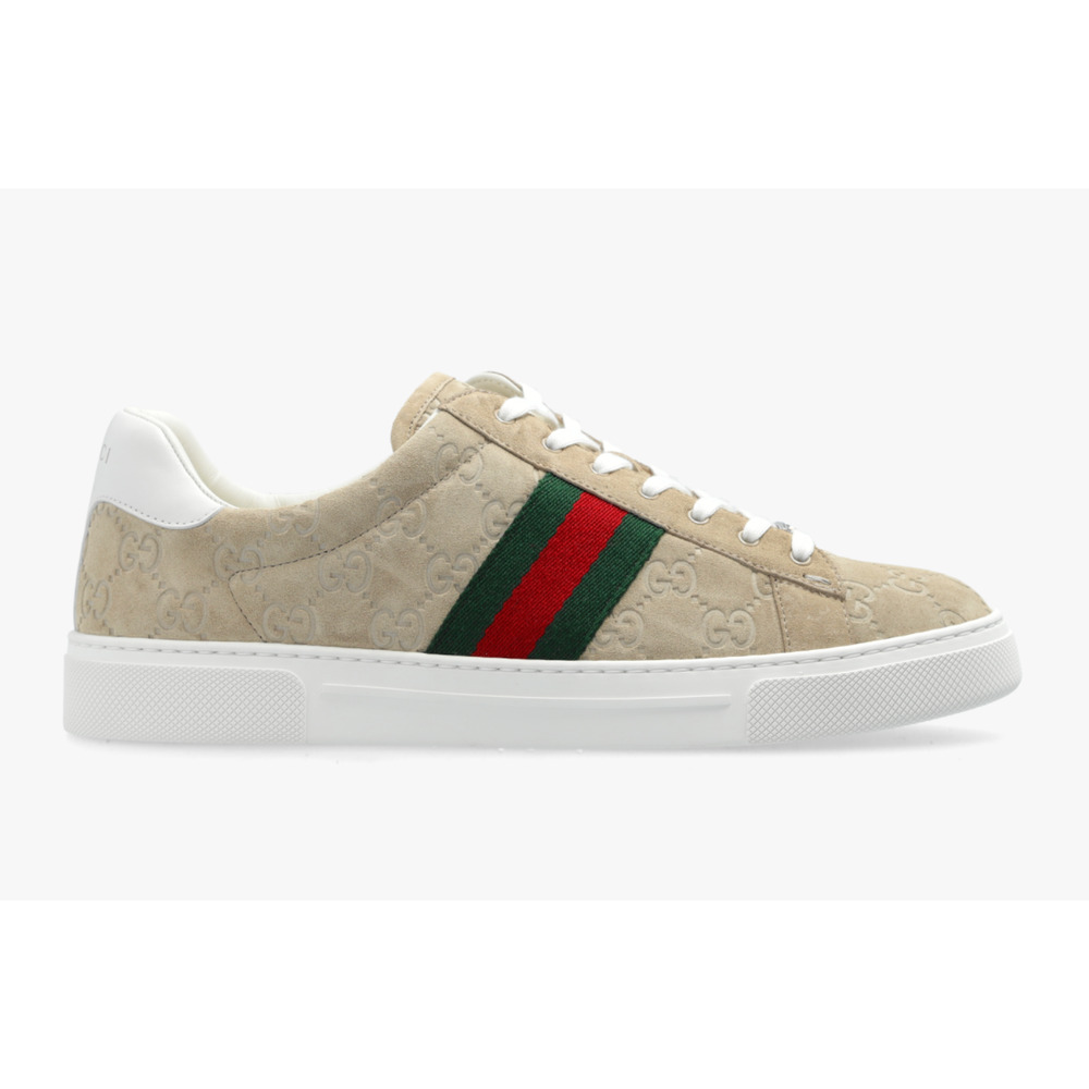 Gucci Ace Web GG Logo Oatmeal Beige Suede Flat Low Top Trainer Sneakers 41 - Picture 4 of 16